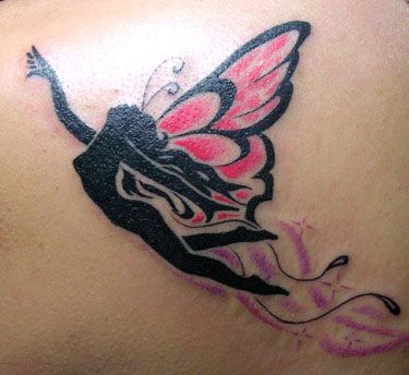 sexy girl with angel tattoo art design with butterfly symbol,